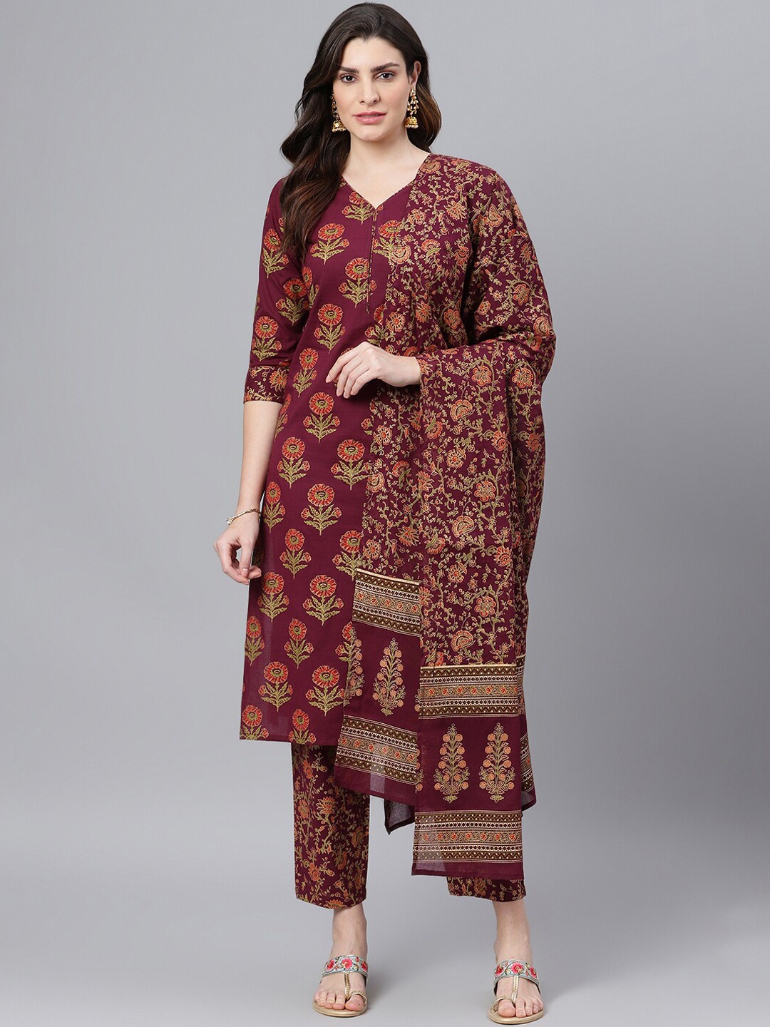 

Idalia Floral Printed Pure Cotton Kurta with Trousers & Dupatta, Maroon