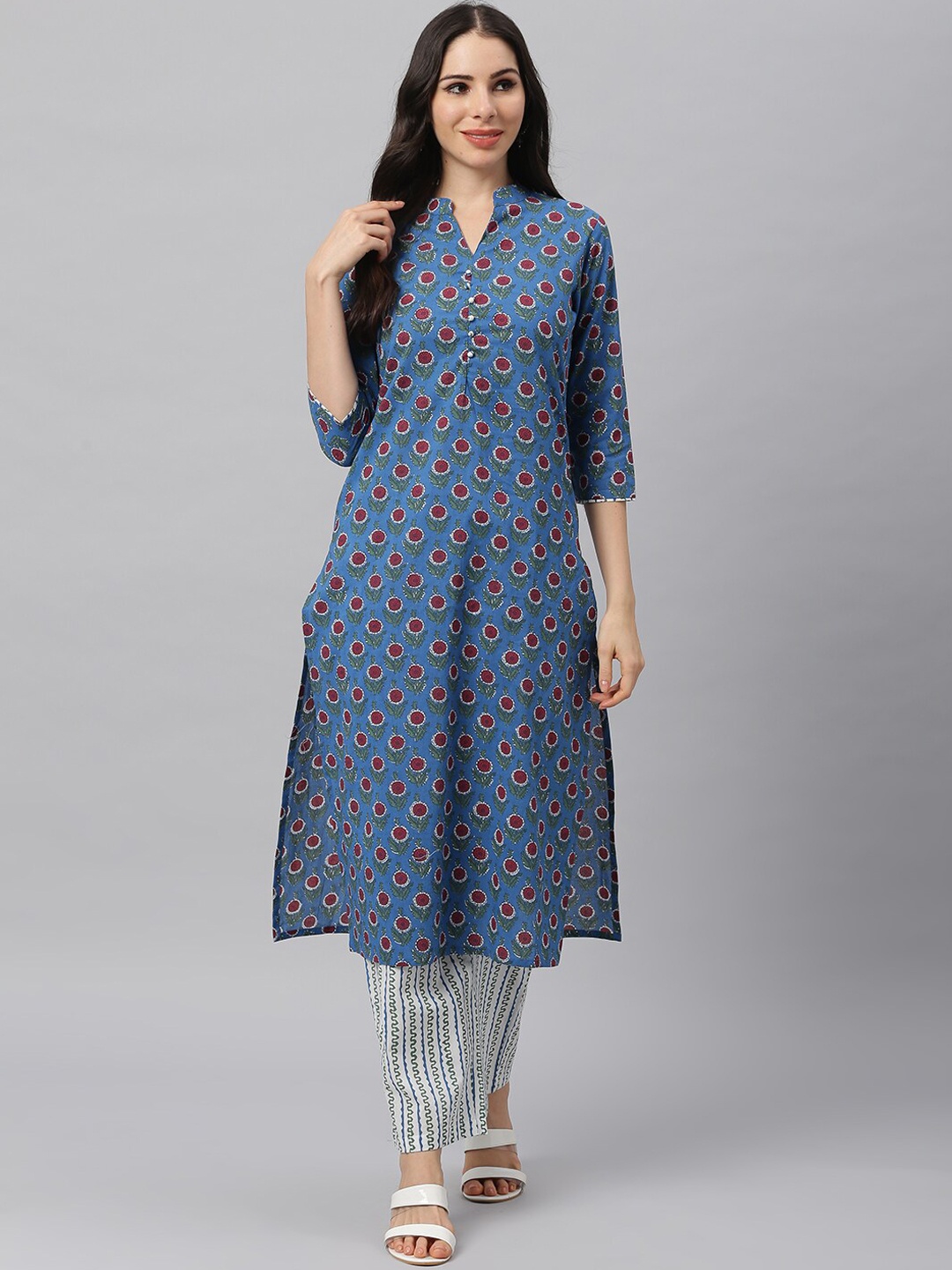 

Idalia Floral Printed Mandarin Collar Pure Cotton Kurta With Trousers, Blue