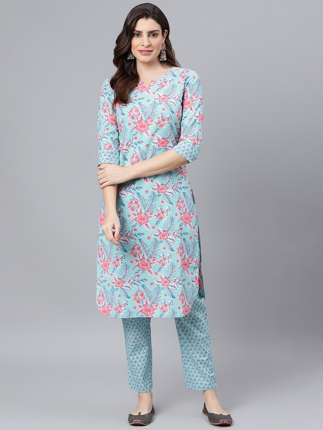 

Idalia Floral Printed Notched Neck Pure Cotton Kurta with Trousers, Turquoise blue