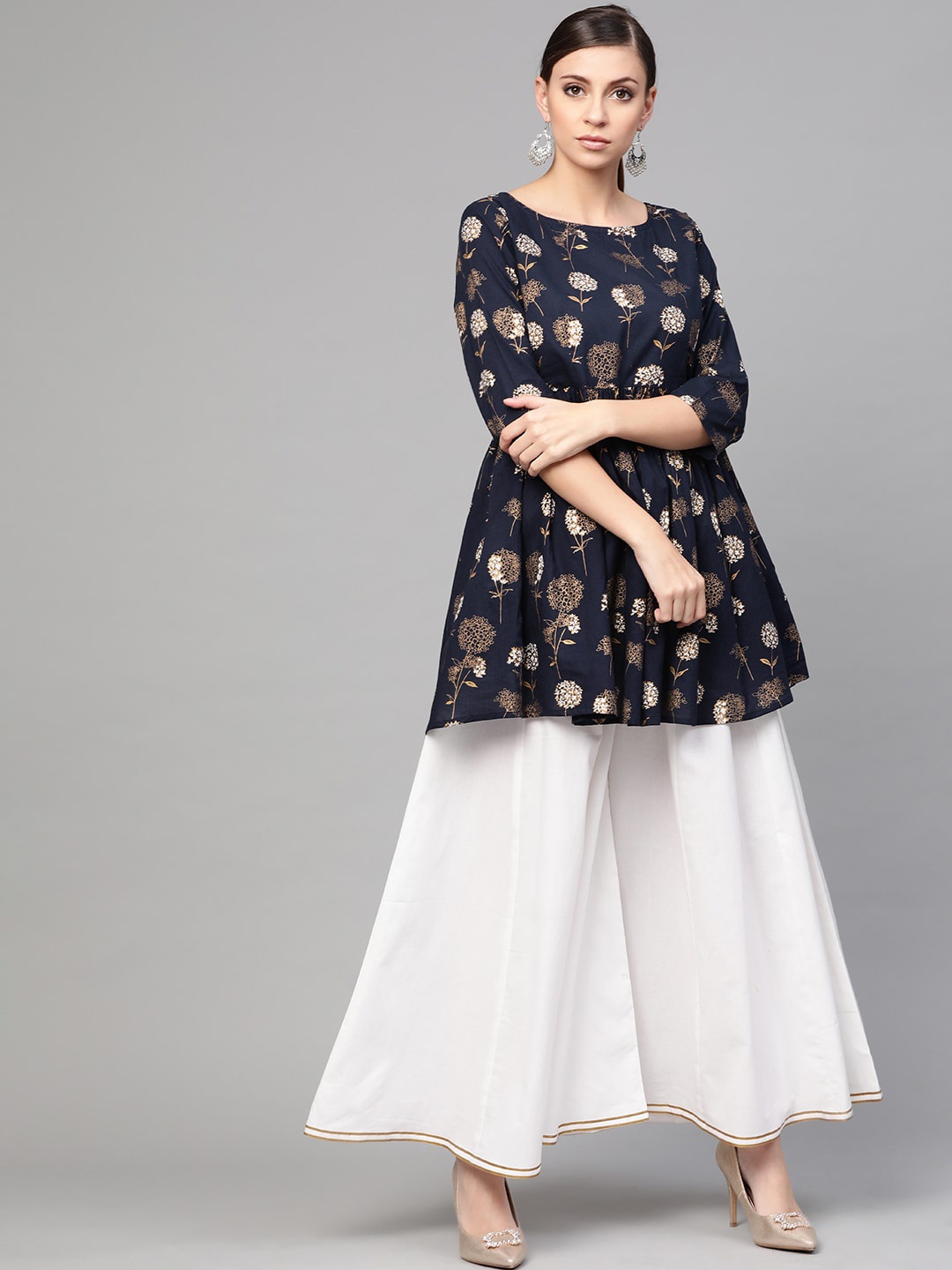 

Idalia Floral Printed A-Line Pure Cotton Kurti with Palazzos, Navy blue