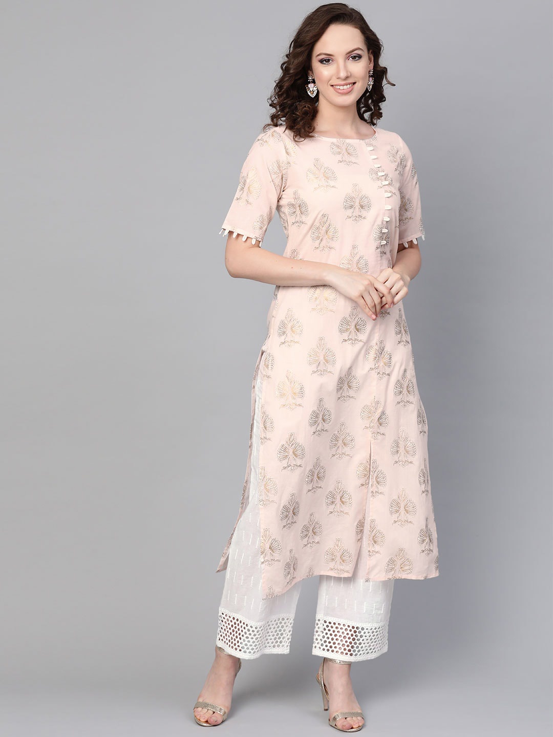 

Idalia Ethnic Motifs Printed Multiple Slits Pure Cotton Kurta with Palazzos, Peach