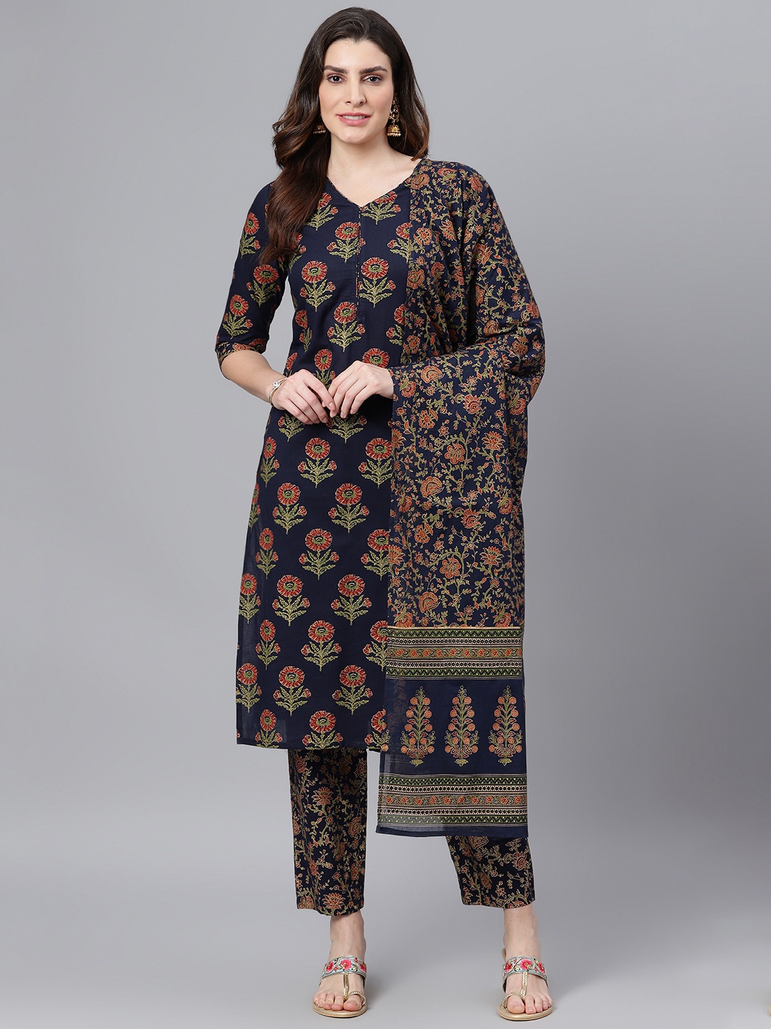 

Idalia Floral Printed V Neck Pure Cotton Kurta With Trousers & Dupatta, Navy blue