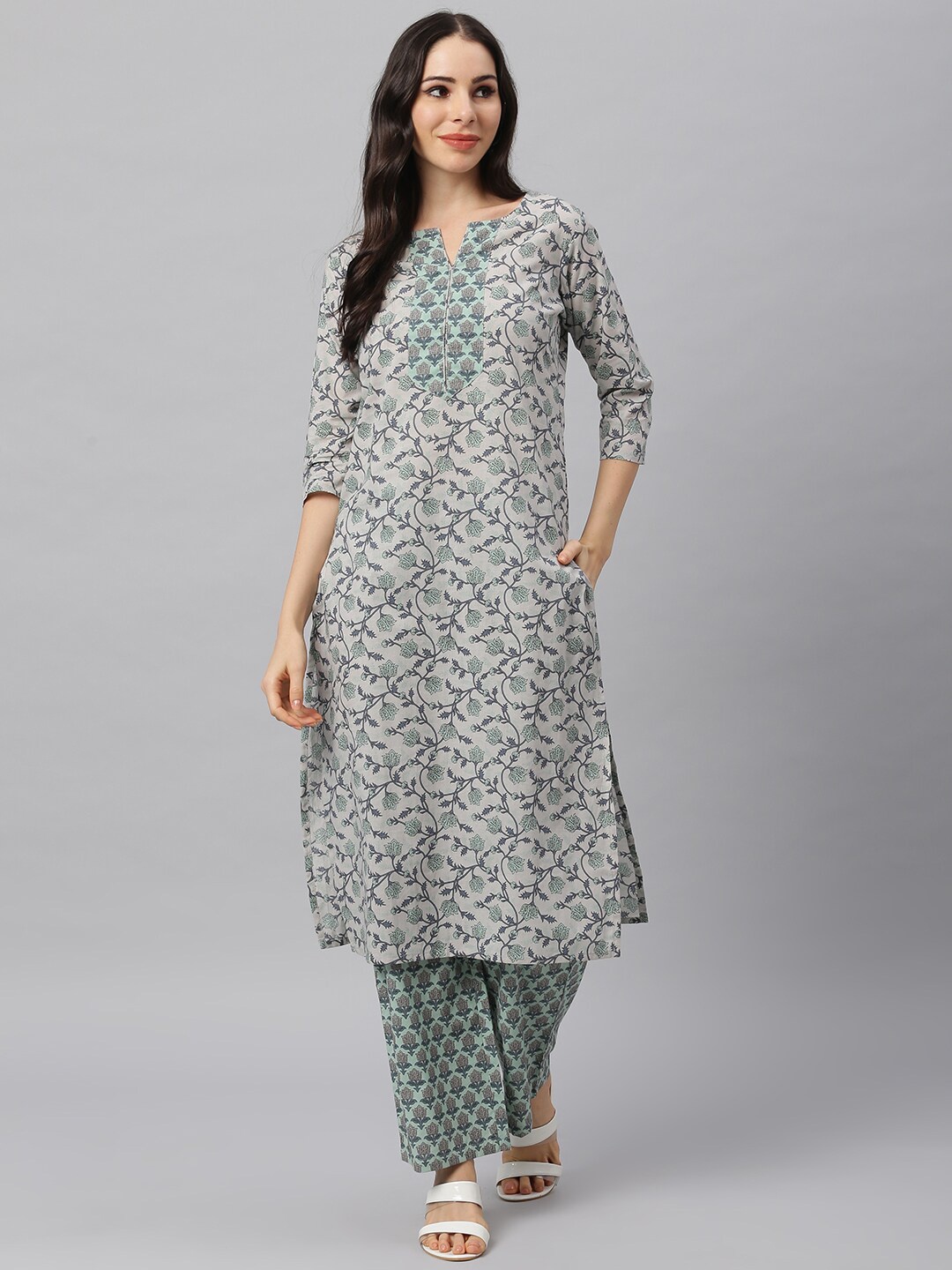 

Idalia Floral Printed Pure Cotton Kurta with Trousers, Taupe