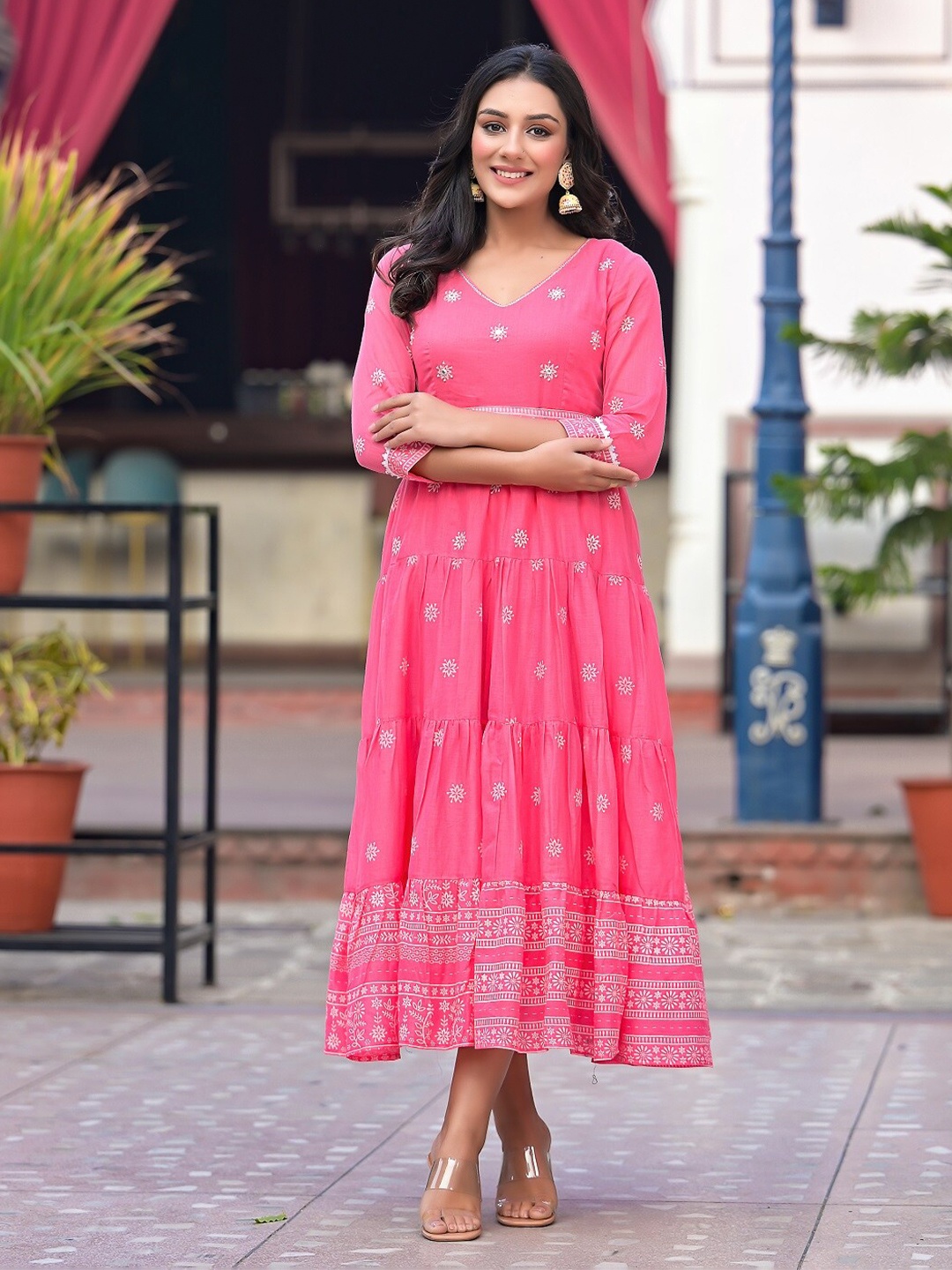 

Hatheli Floral Embroidered Tiered Cotton Fit And Flare Midi Ethnic Dress With Belt, Pink