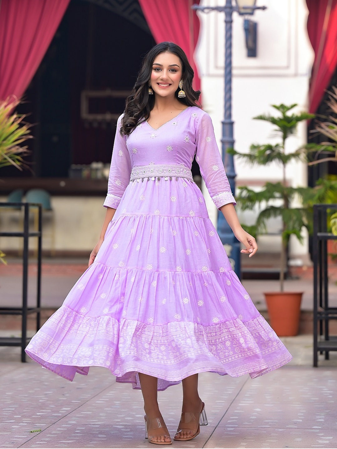 

Hatheli V-Neck Fit & Flare Ethnic Dress, Lavender