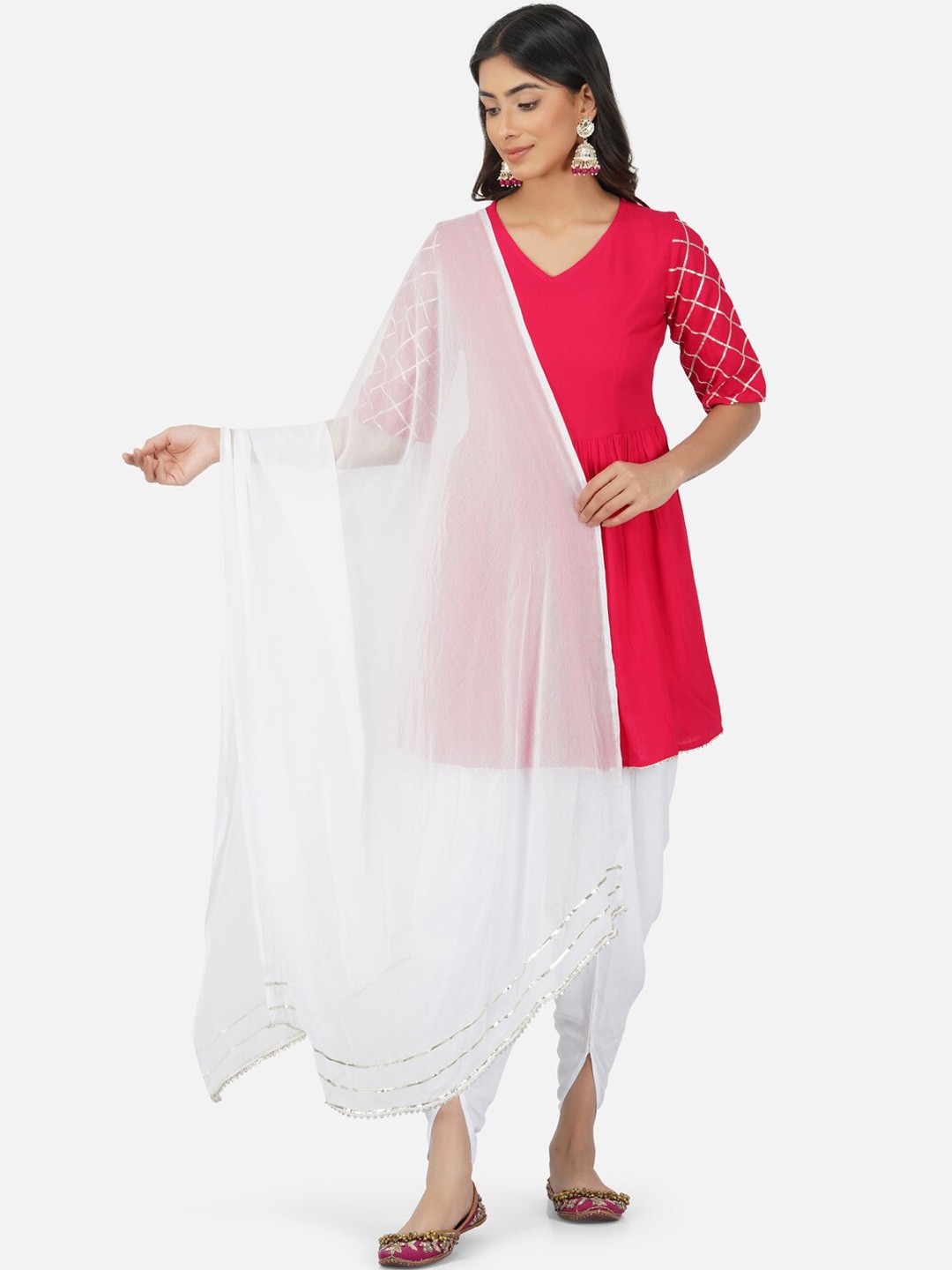 

METRO-FASHION Gotta Patti V-Neck A-Line Kurti with Dhoti Pants & Dupatta, Pink