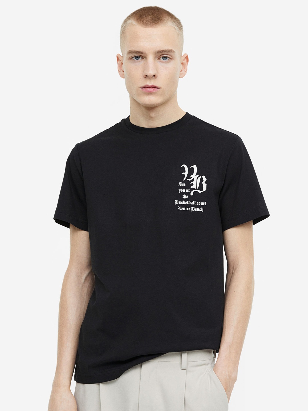 

H&M Regular Fit Printed Pure Cotton T-shirt, Black
