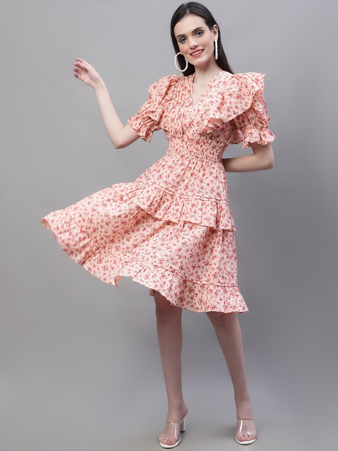 

MARC LOUIS Floral Printed Smocked Layered Cotton Fit & Flare Dress, Peach
