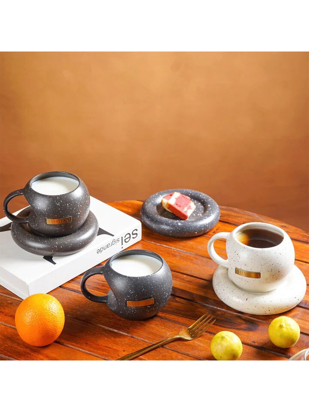 

THE ARTMENT Brown Printed Ceramic Glossy Cups And Saucers - 460 ML