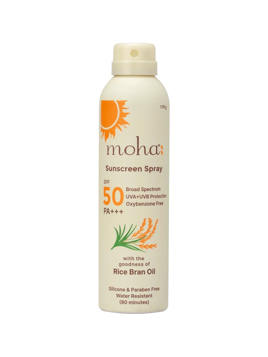 

moha Sunscreen Spray SPF 50 PA+++ with Rice Bran Oil - 170g, White