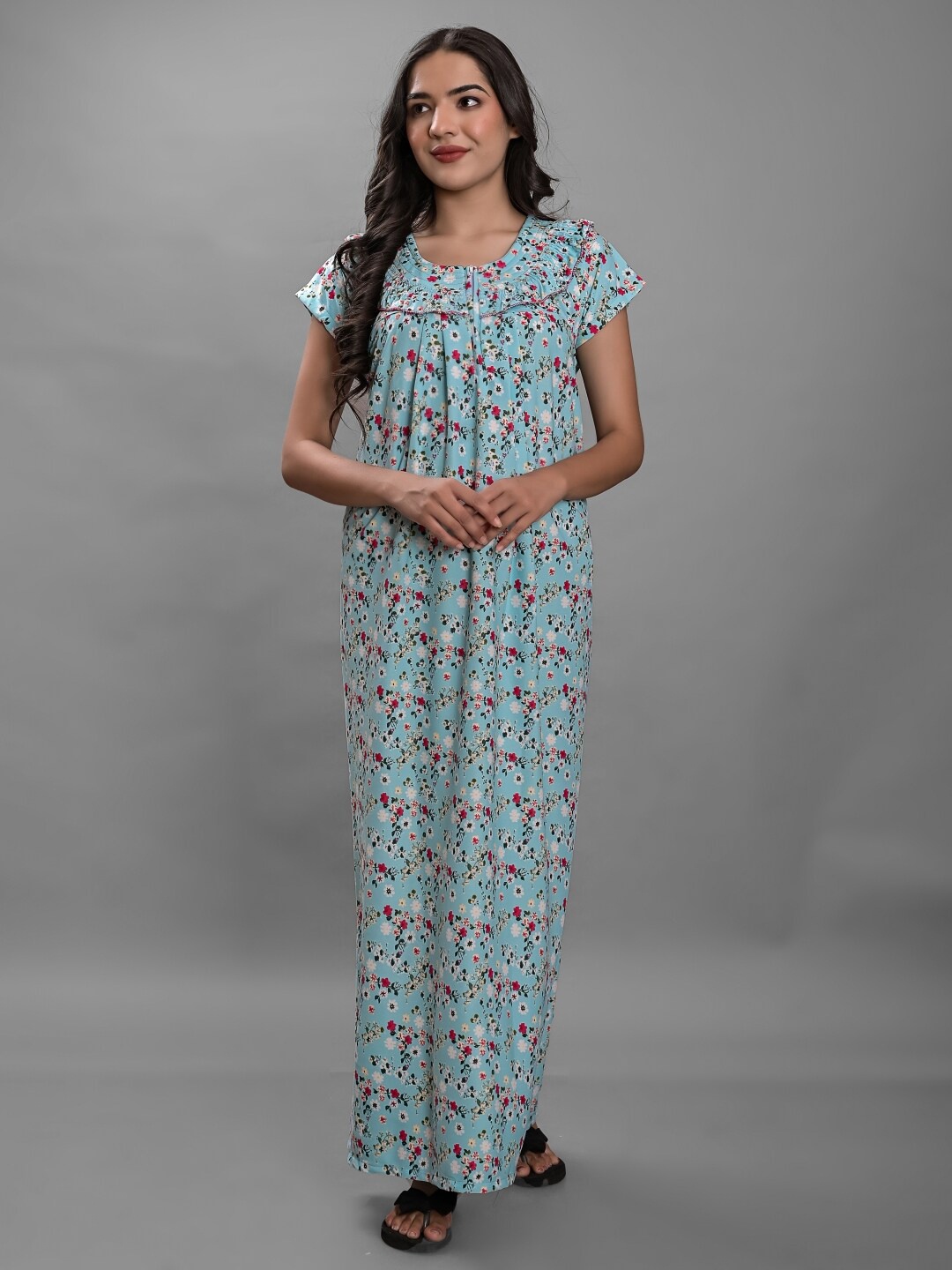 

Apratim Floral Printed Maxi Nightdress, Turquoise blue