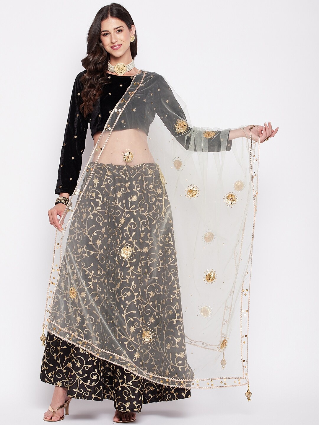 

Clora Creation Ethnic Motifs Embellished Gotta Patti Net Dupatta, Cream