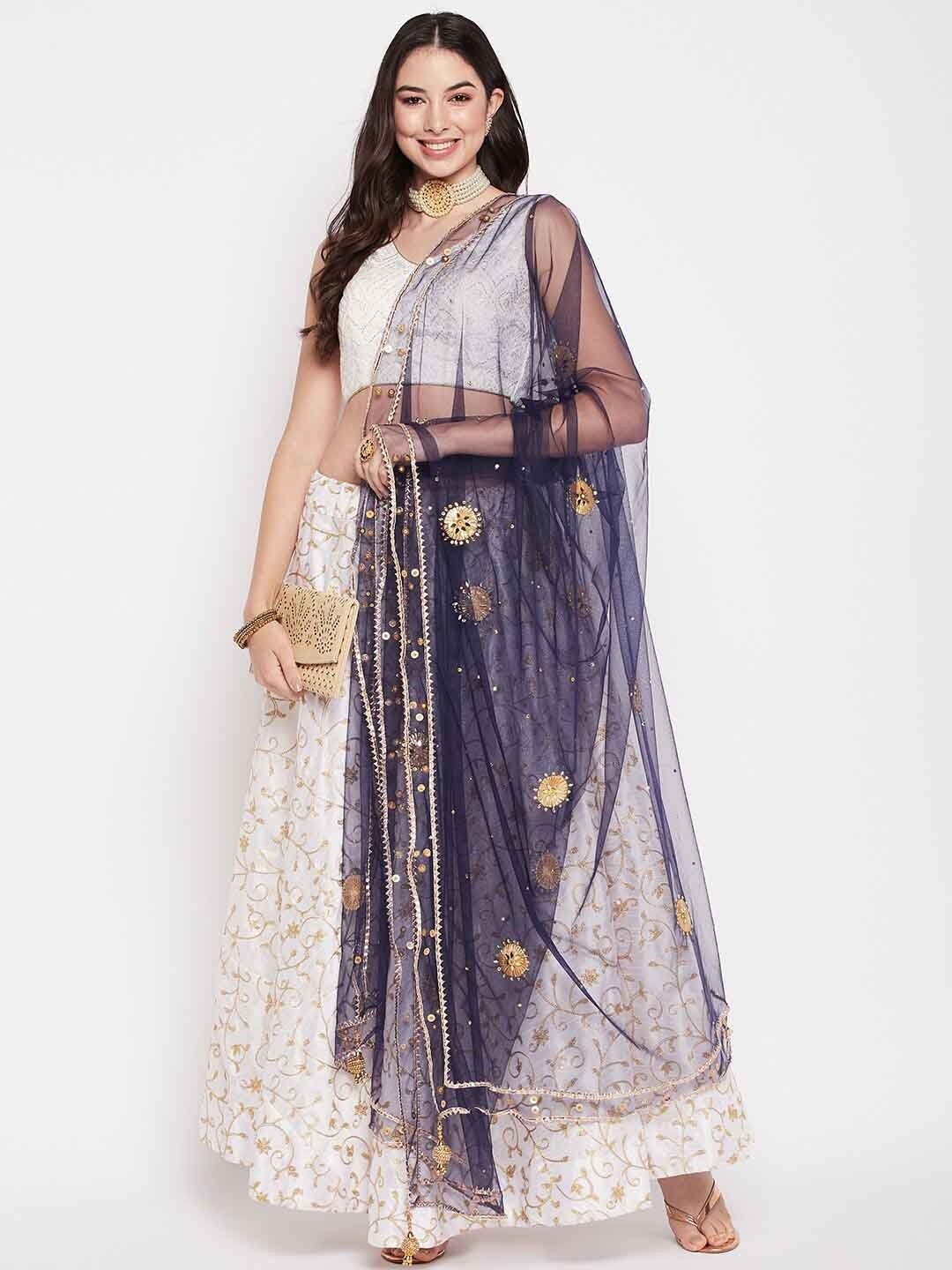 

Clora Creation Ethnic Motifs Embellished Gotta Patti Net Dupatta, Navy blue