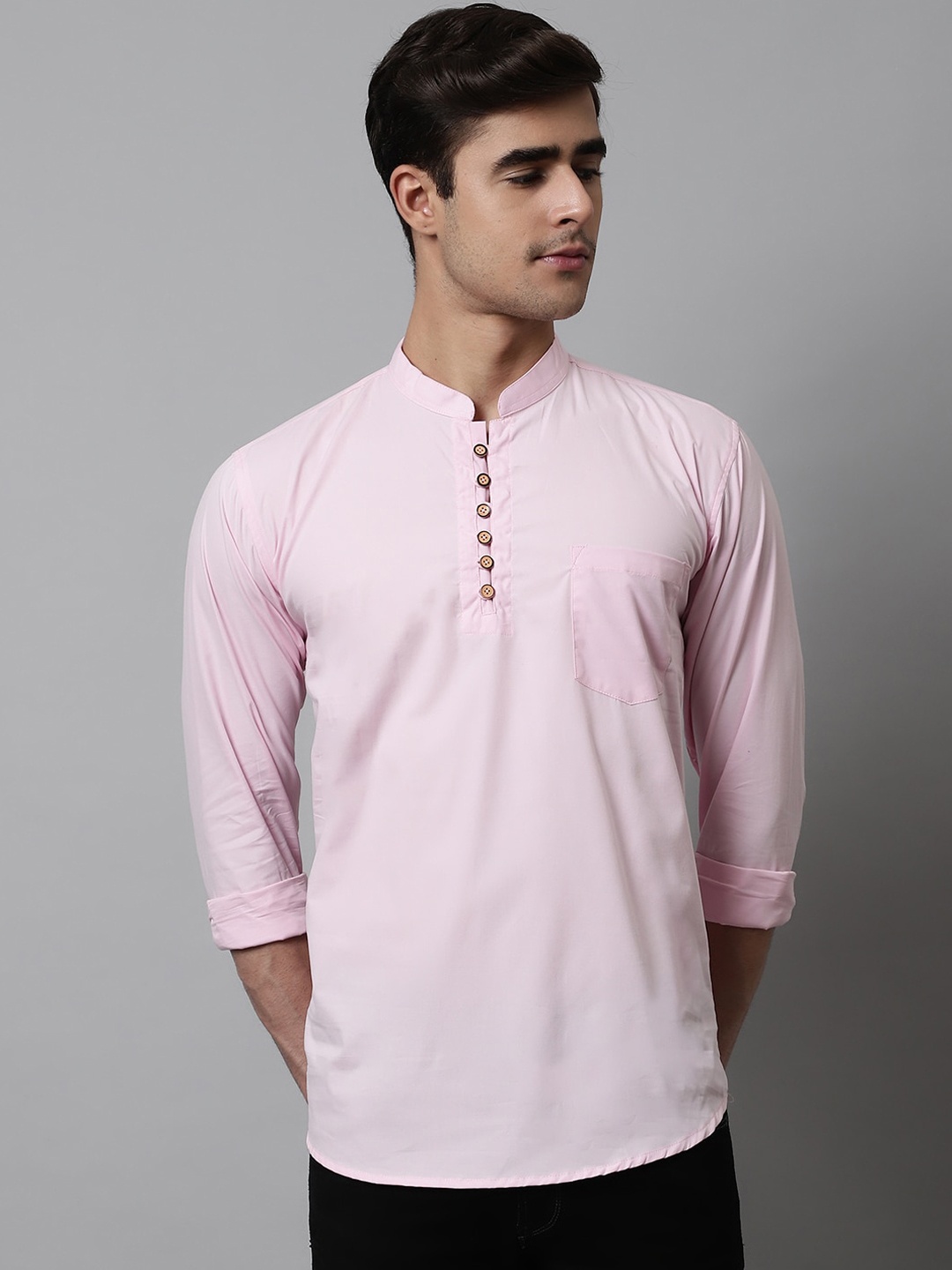 

Majestic Man Mandarin Collar Pure Cotton Short Kurta, Pink