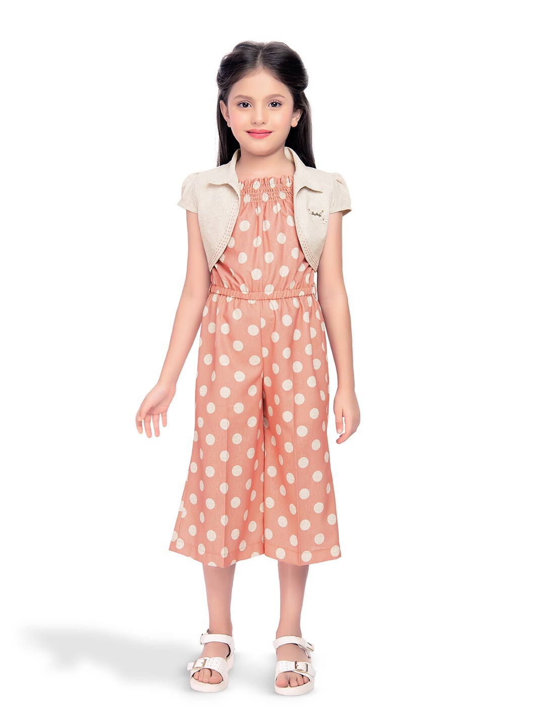 

Tiny Baby Girls Polka Dots Printed Linen Basic Jumpsuit, Peach