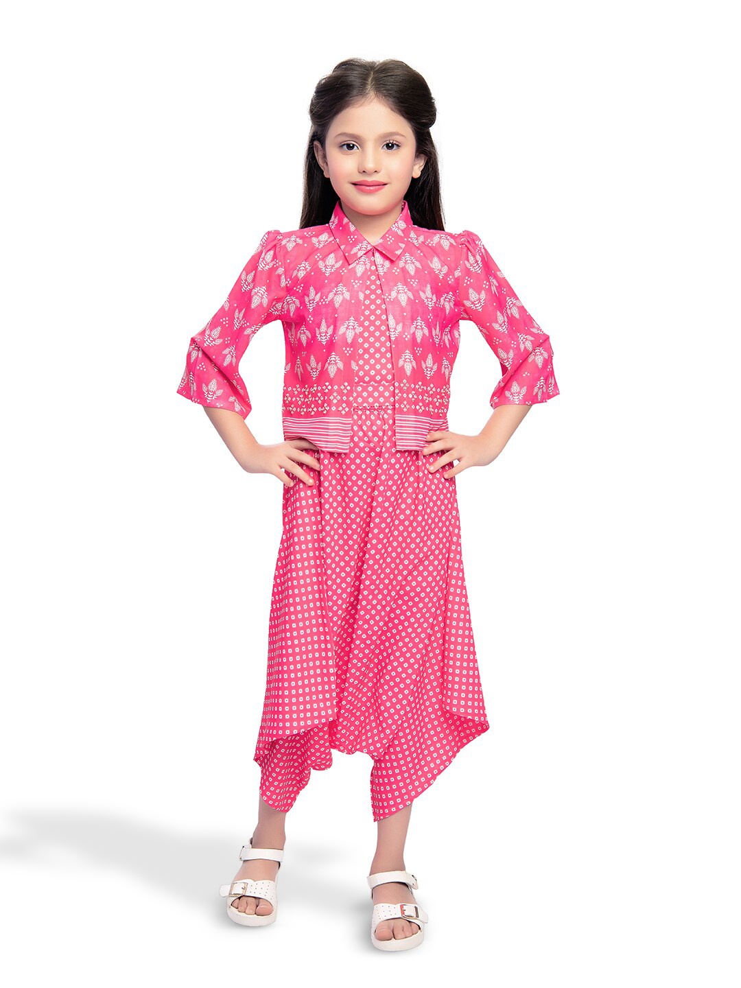 

Tiny Baby Girls Printed Shirt Collar Top with Dhoti Pants & Jacket, Pink