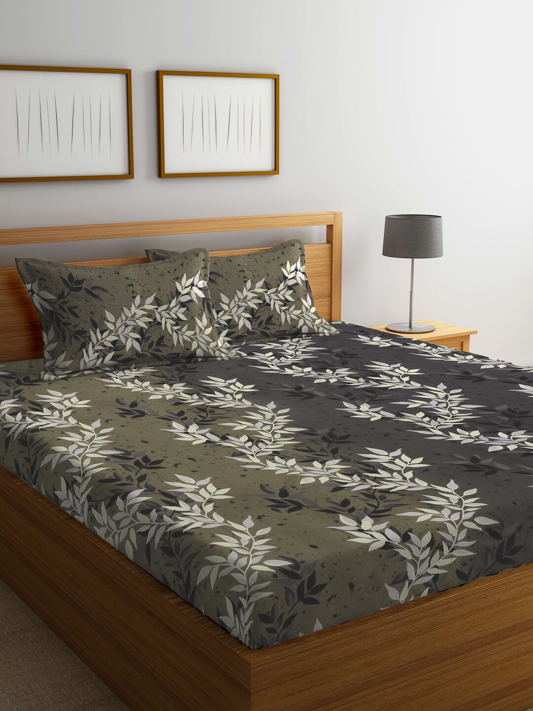 

KLOTTHE Olive-Green & Grey Floral Printed 300 TC Fitted King Bedsheet With 2 Pillow Covers