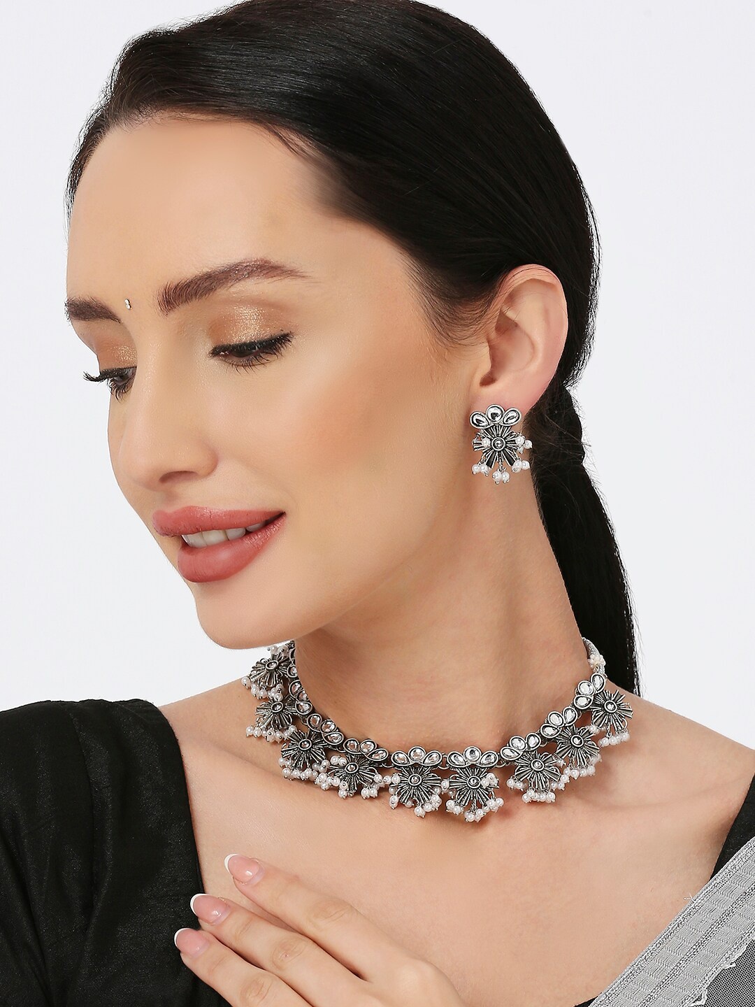 

OOMPH Bead-Studded Alloy Necklace & Earrings Set, Silver