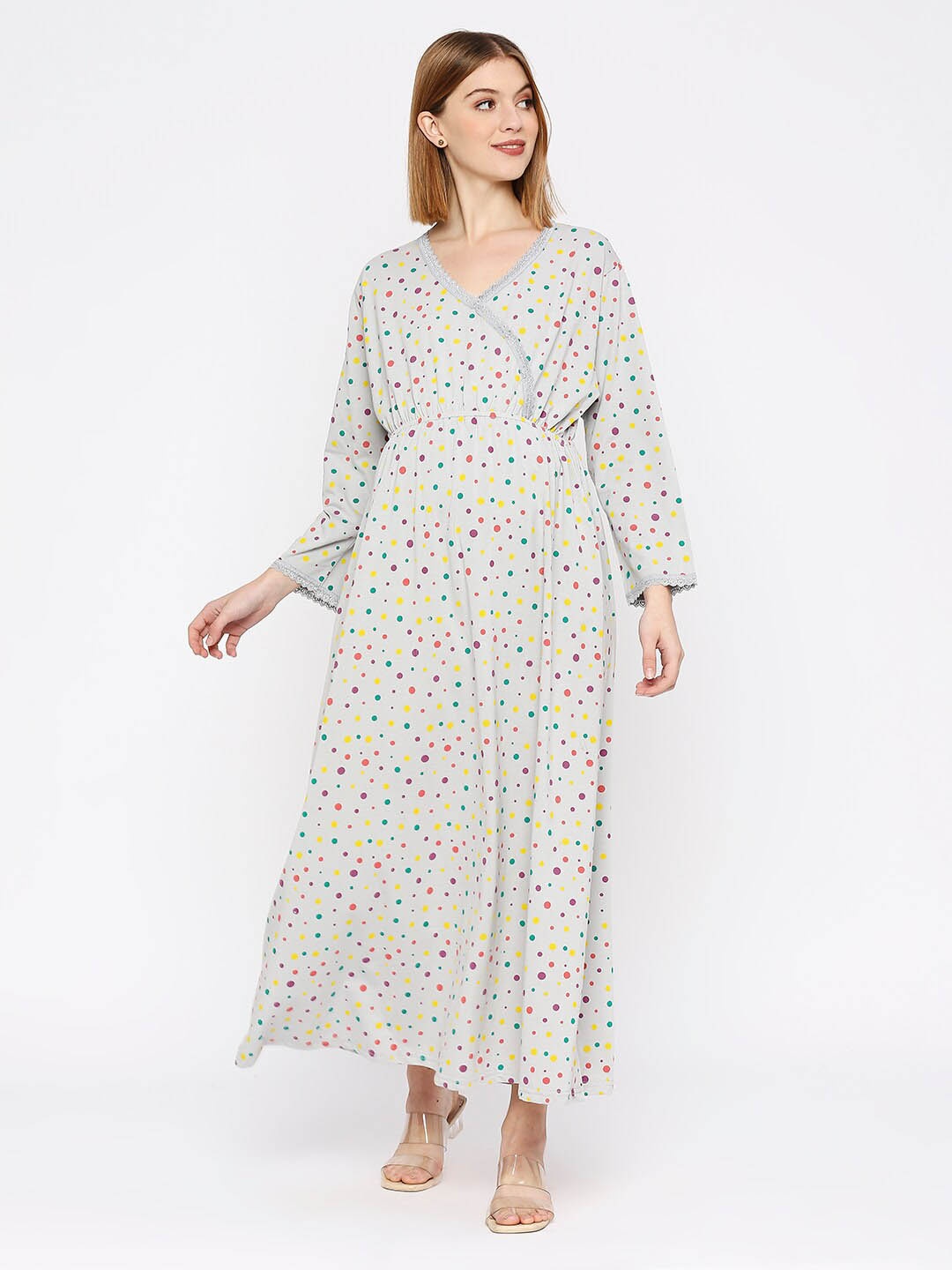 

MeeMee Polka Dots Printed Maxi Wrap Dress, Grey