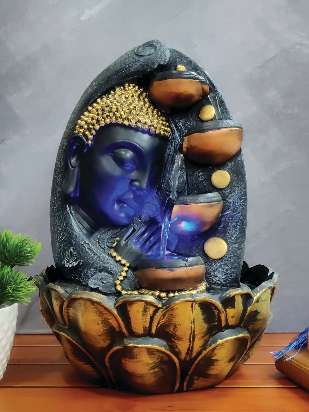 

WENS Grey & Brown Table Top Buddha Water Fall Fountain with LED Lights
