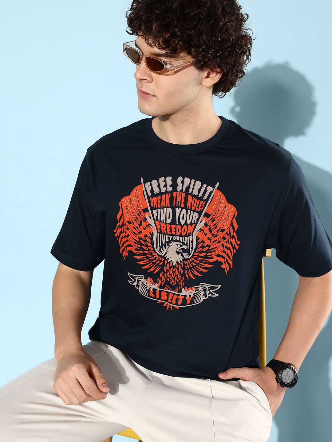

Difference of Opinion Men Printed Pure Cotton Oversize T-shirt, Navy blue
