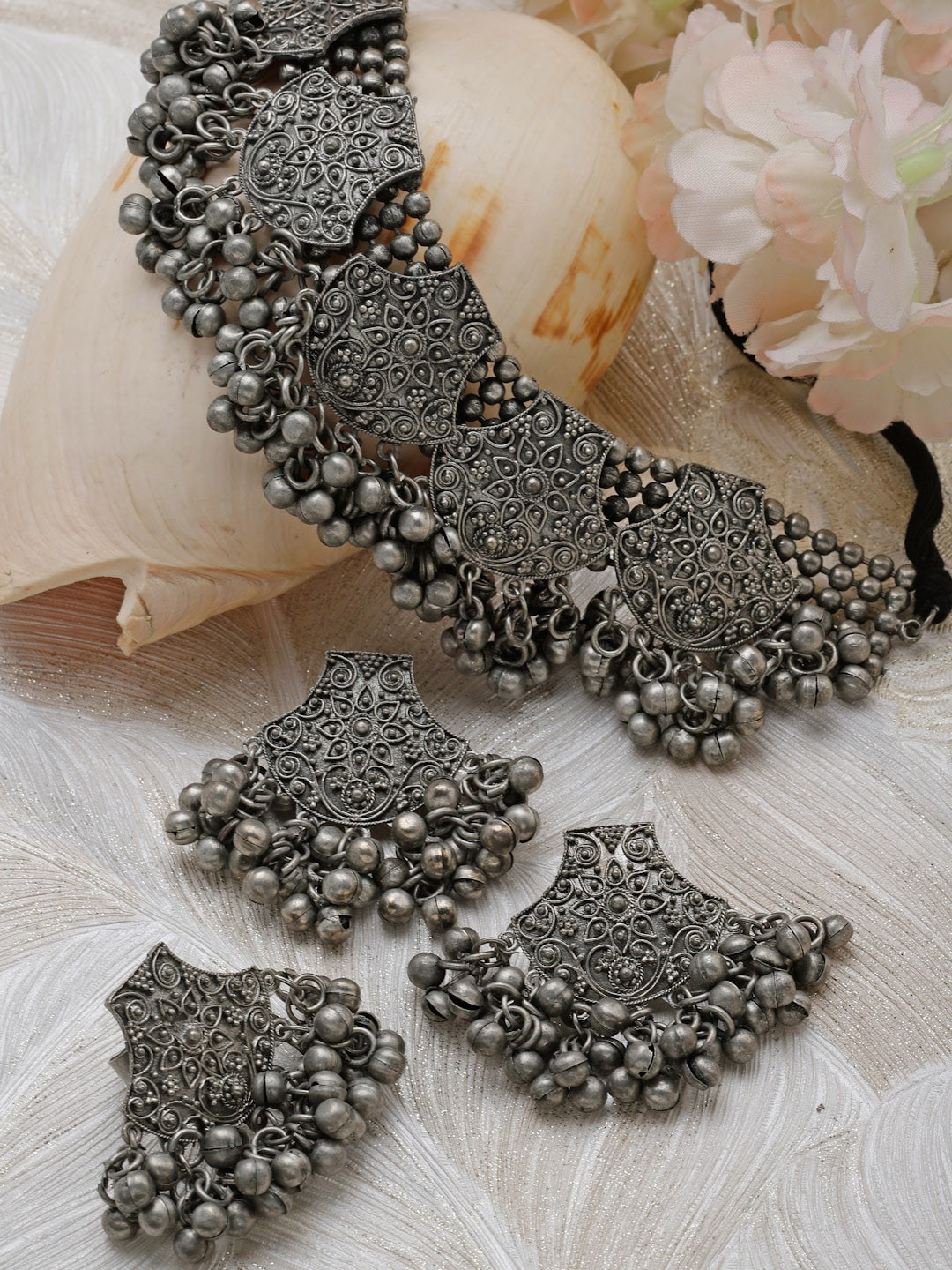 

Moedbuille Silver-Plated Oxidised Necklace & Earrings Set With Finger Ring