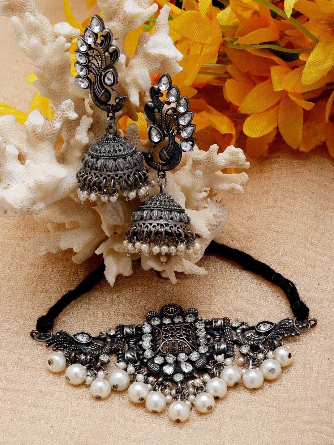 

Moedbuille Silver-Plated Stone-Studded and Beaded Oxidised Necklace & Earrings Set