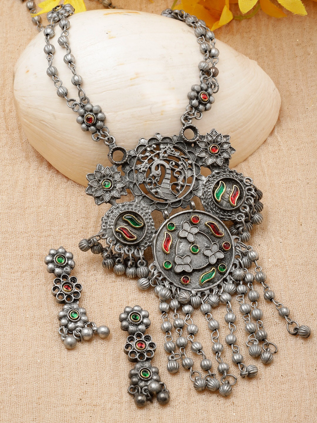 

Moedbuille Silver-Plated Stone-Studded Oxidised Necklace & Earrings Set