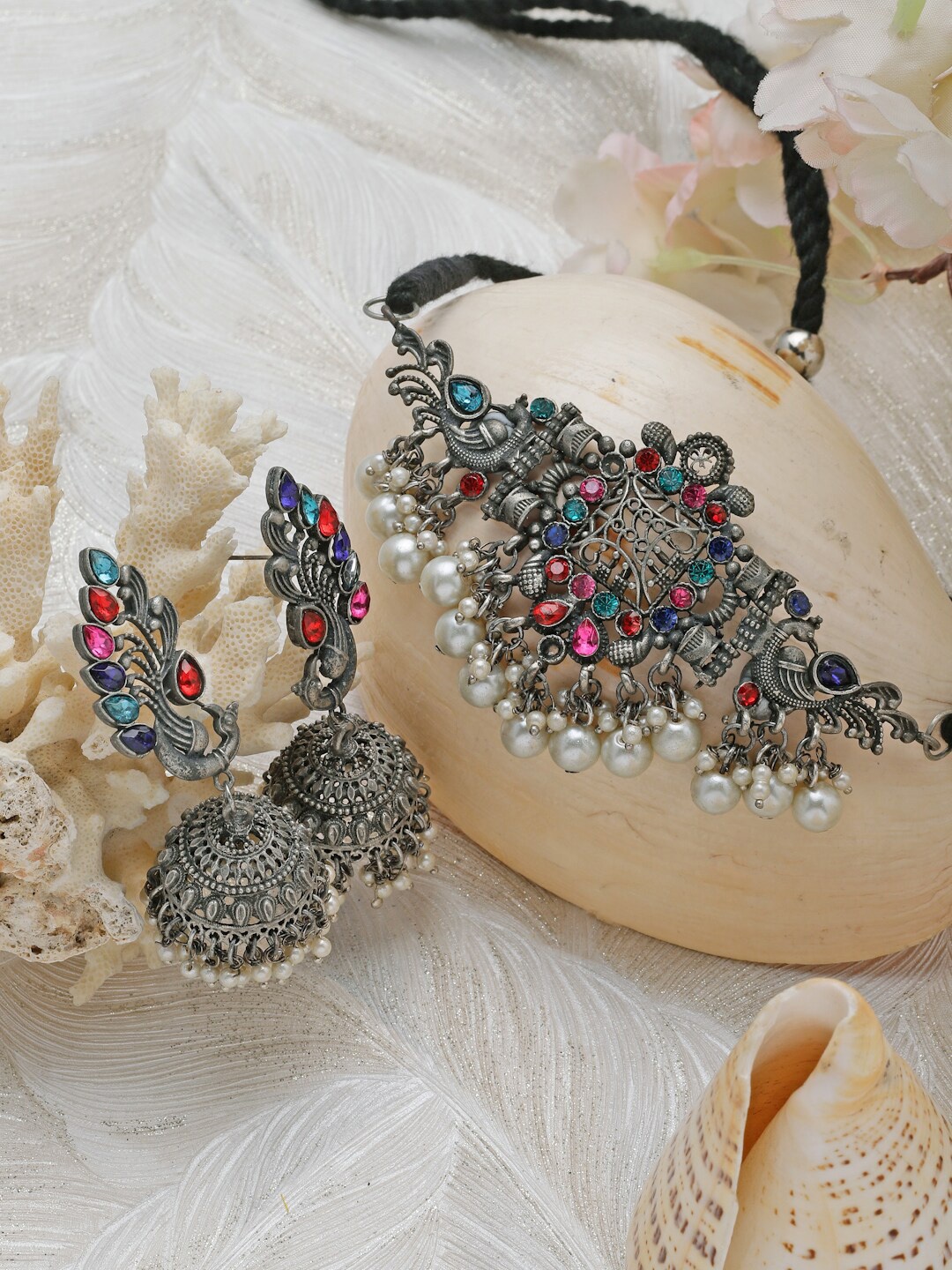 

Moedbuille Silver-Plated Crystal-Studded Oxidised Jewellery Set