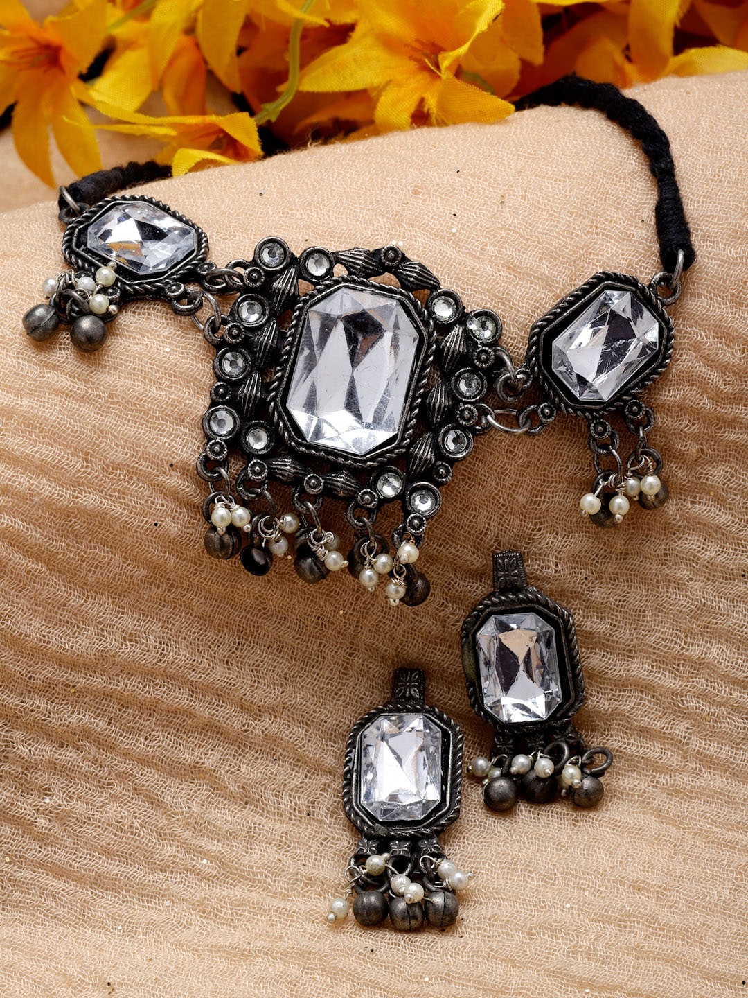 

Moedbuille Silver-Plated Crystal-Studded Oxidised Jewellery Set