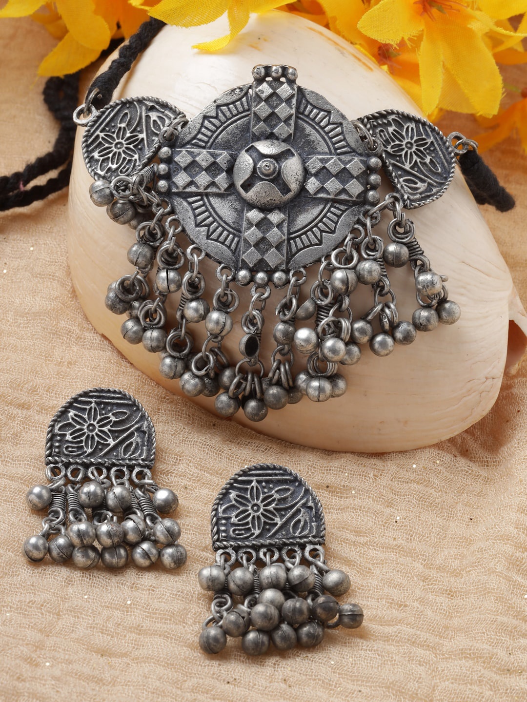 

Moedbuille Oxidised Silver-Plated Tribal Choker Necklace and Earrings Set, Metallic