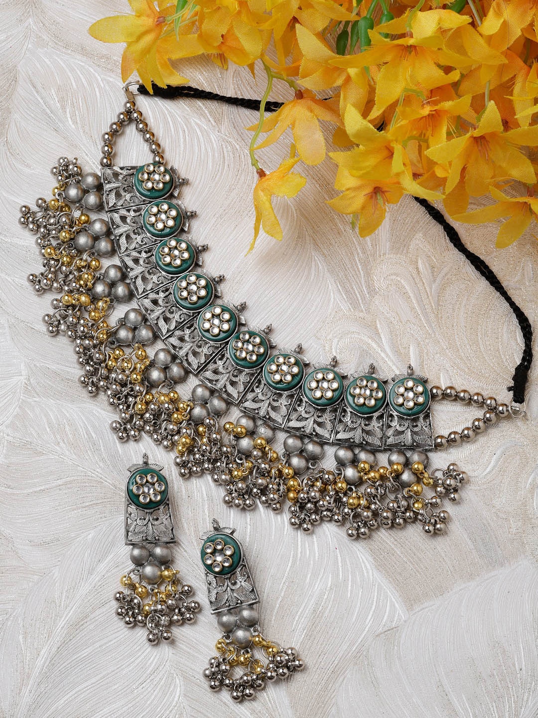 

Moedbuille Silver-Plated Crystal-Studded Oxidised Jewellery Set
