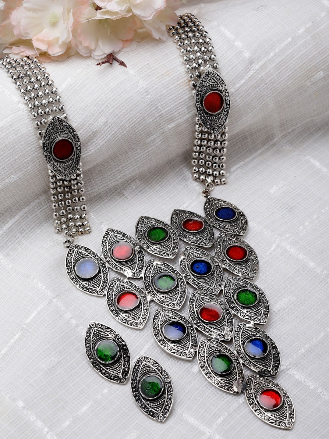 

Moedbuille Silver-Plated Meenakari Work Oxidised Jewellery Set