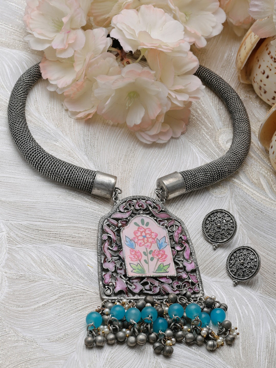 

Moedbuille Silver-Plated Beaded Meenakari Work Oxidised Jewellery Set