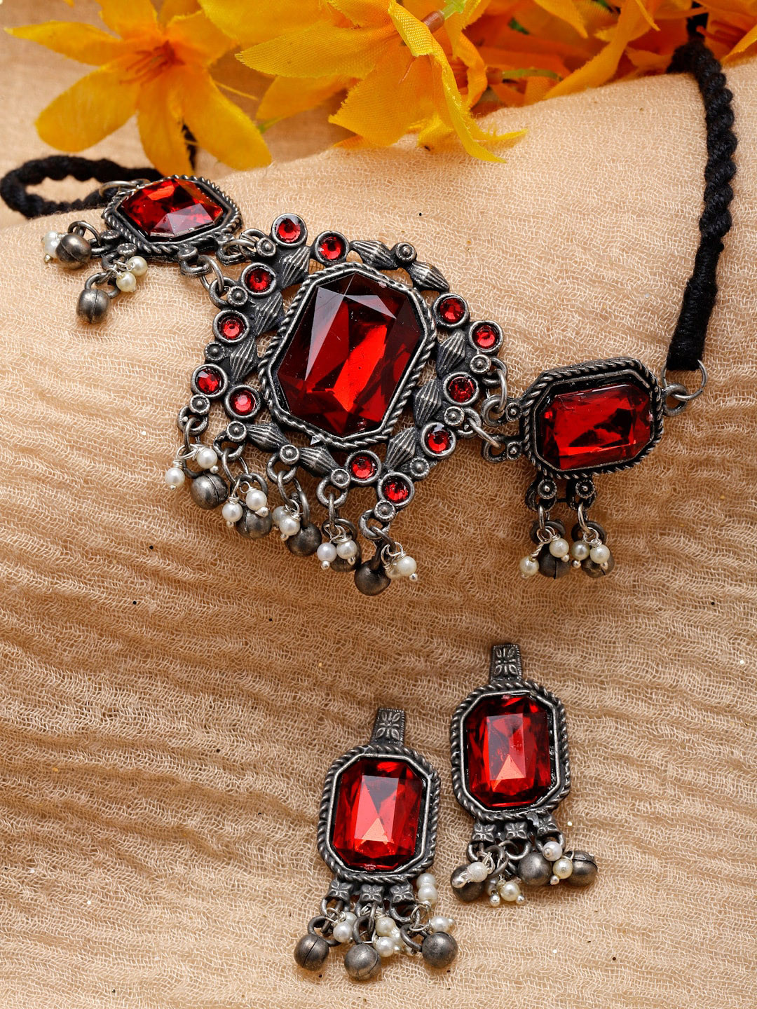 

Moedbuille Silver-Plated Crystal-Studded Oxidised Jewellery Set