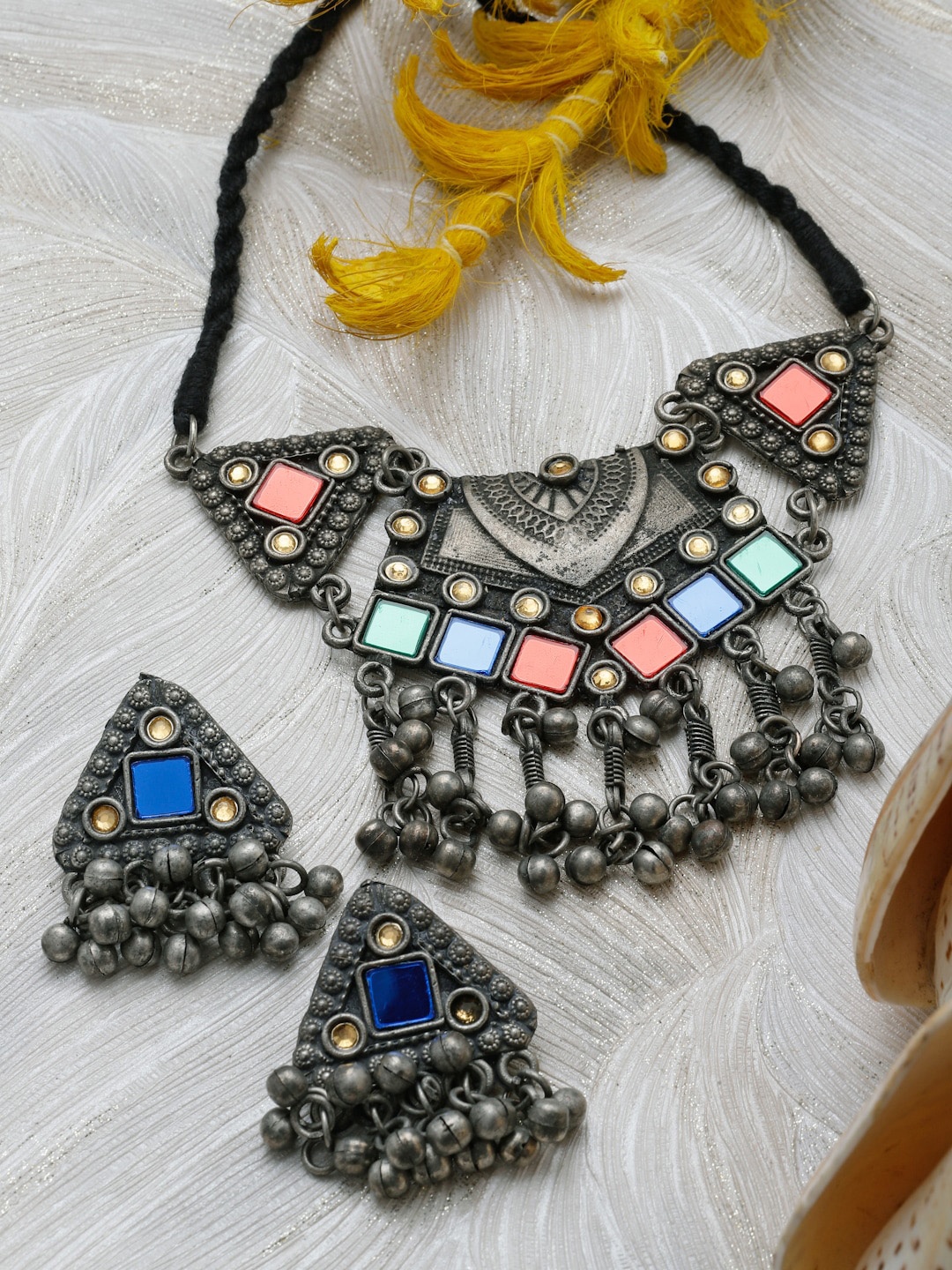 

Moedbuille Silver-Plated Crystal-Studded & Beaded Oxidised Jewellery Set