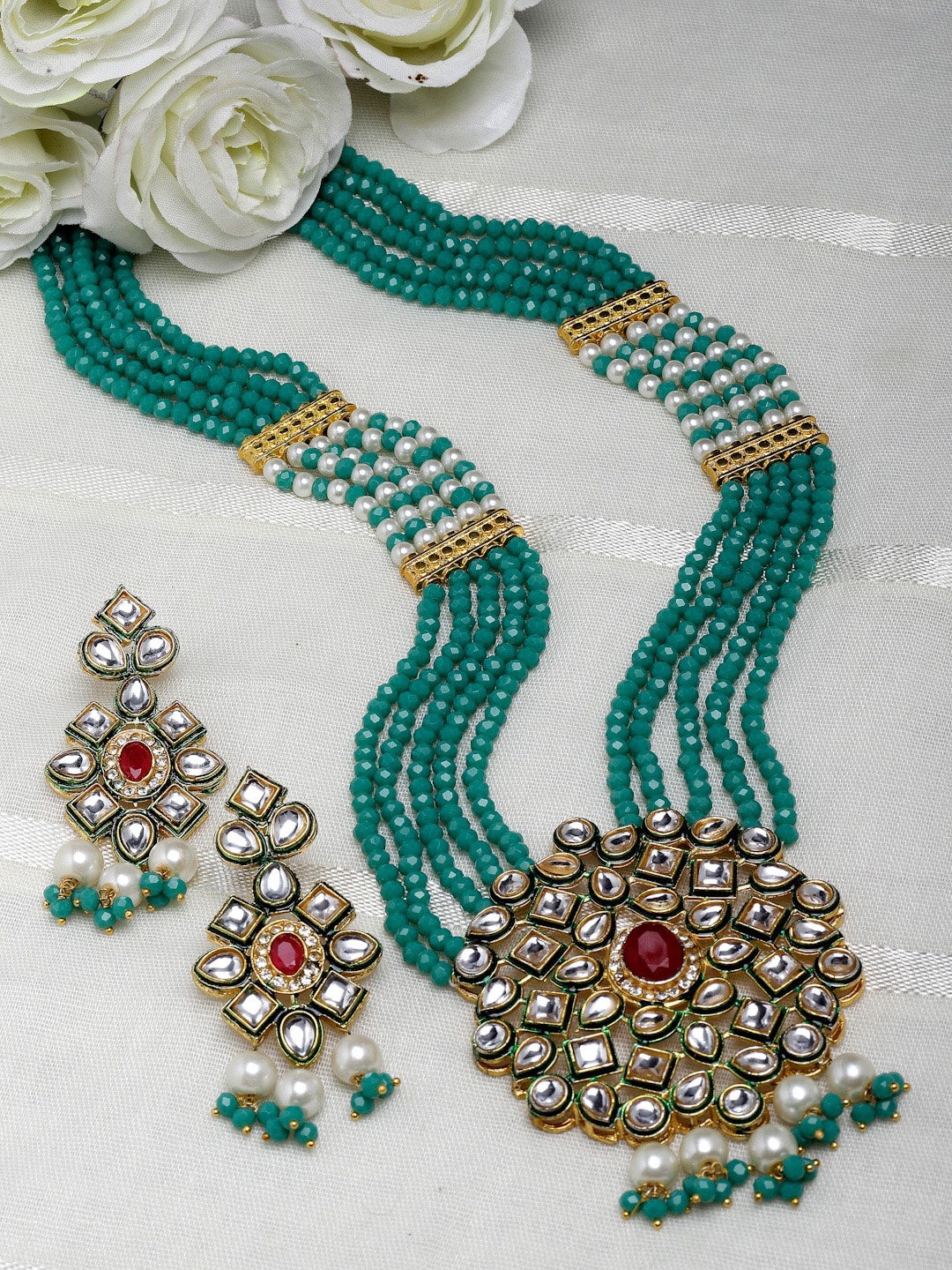 

Moedbuille Gold-Plated Kundan-Studded & Beaded Jewellery Set