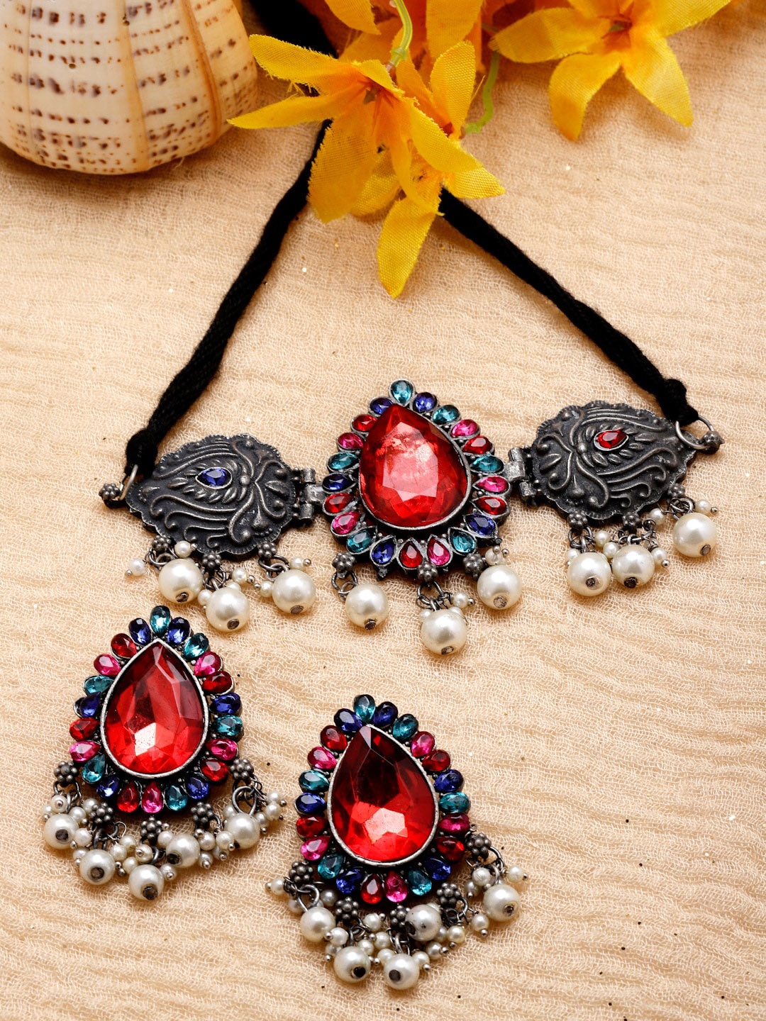 

Moedbuille Silver-Plated Crystal-Studded And Beaded Oxidised Jewellery Set