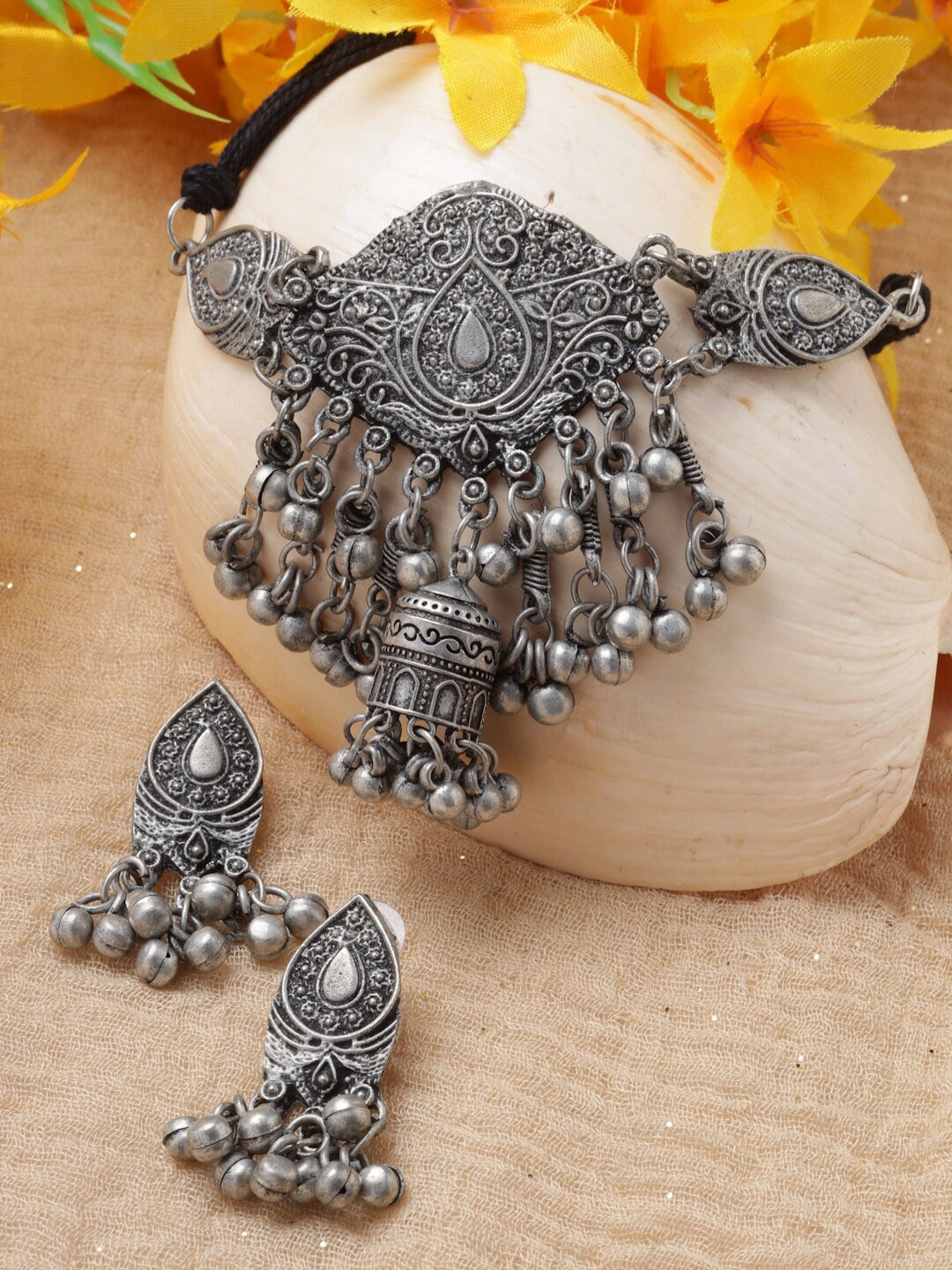 

Moedbuille Silver-Plated Ghungroo-Studded & Beaded Oxidised Jewellery Set