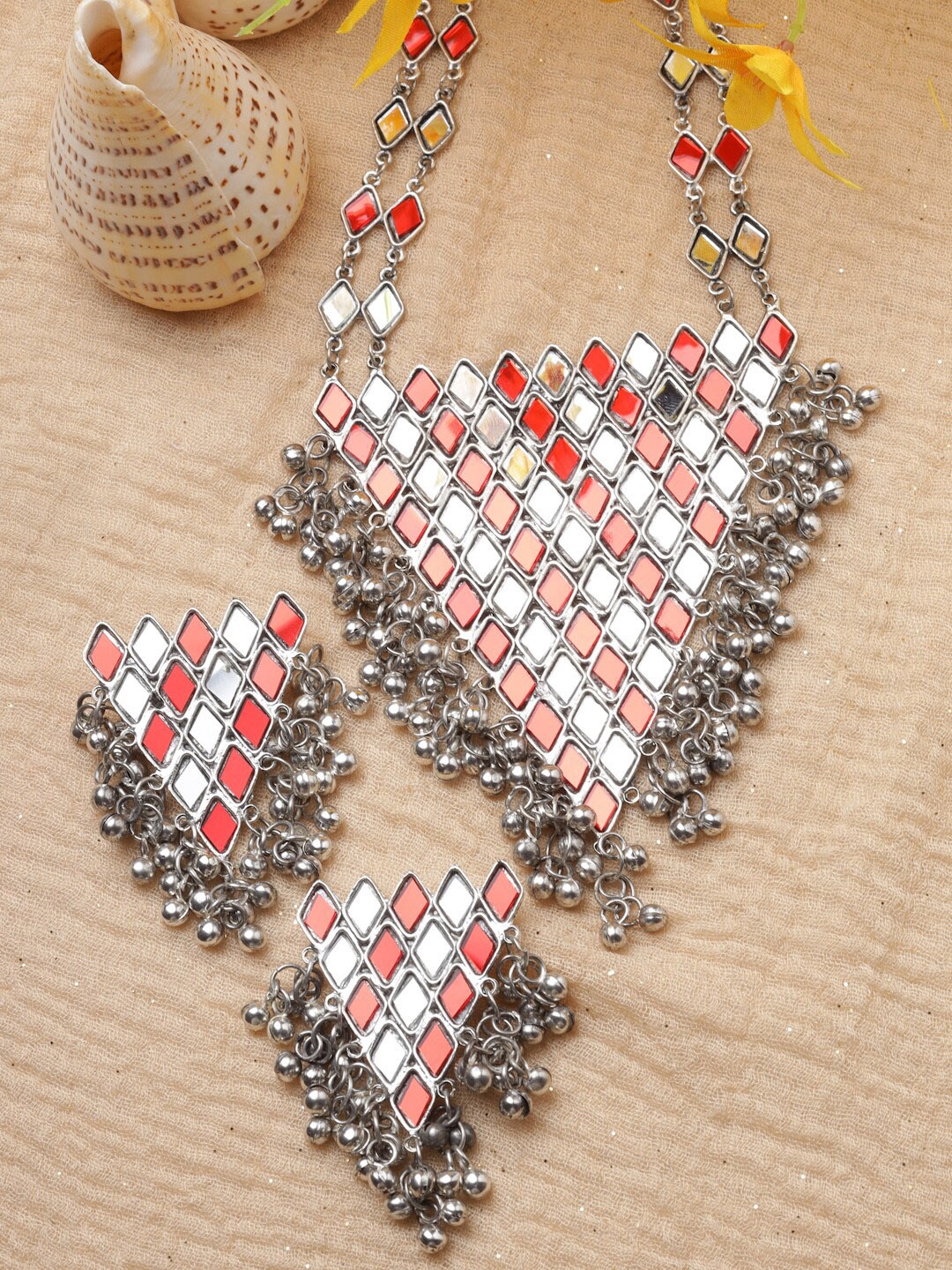 

Moedbuille Silver-Plated Mirror-Studded Jewellery Set