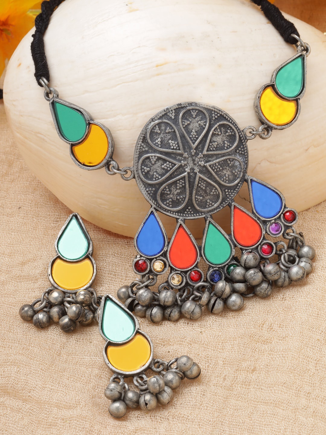 

Moedbuille Silver-Plated Mirrors & Ghungroo Afghan Jewellery Set