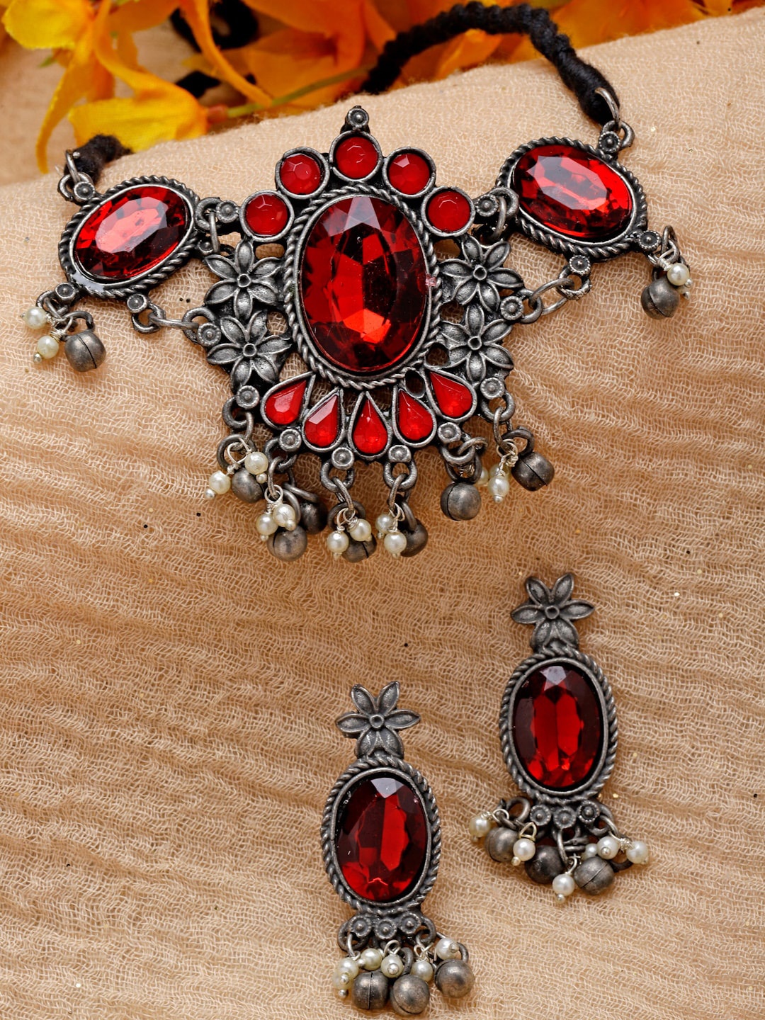 

Moedbuille Silver-Plated Stones-Studded Brass Jewellery Set, Red