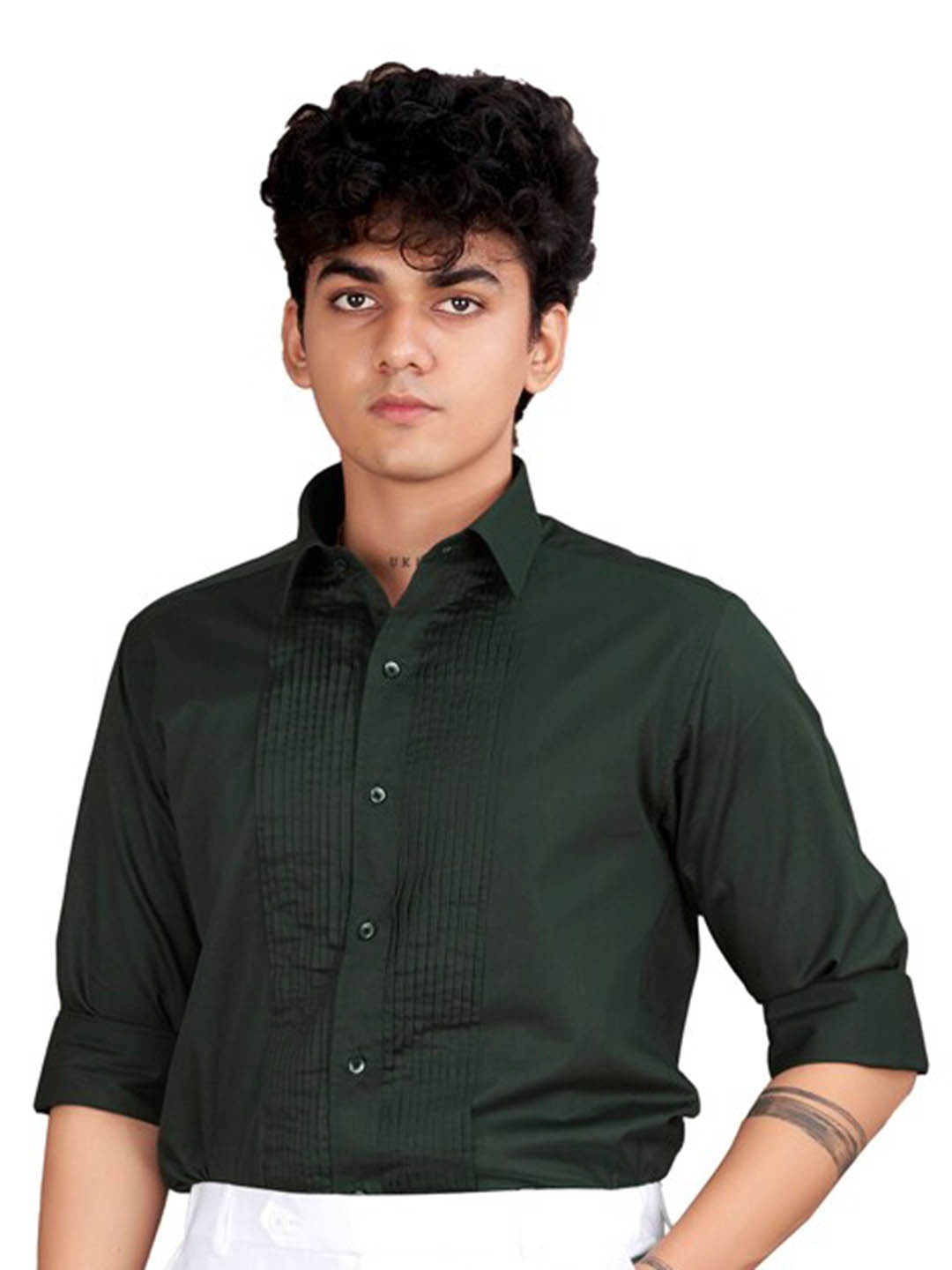 

FRENCH CROWN Standard Pleated Casual Shirt, Green