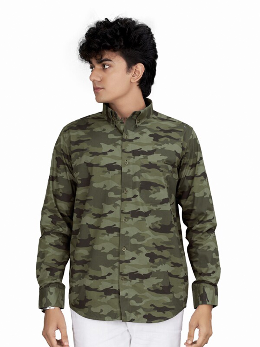 

FRENCH CROWN Standard Camouflage Printed Cotton Casual Shirt, Green