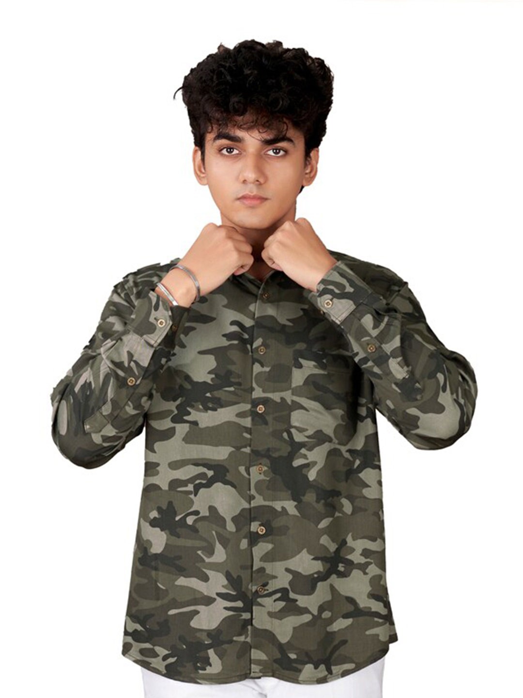 

FRENCH CROWN Standard Fit Camouflage Printed Spread Collar Cotton Shirt, Green