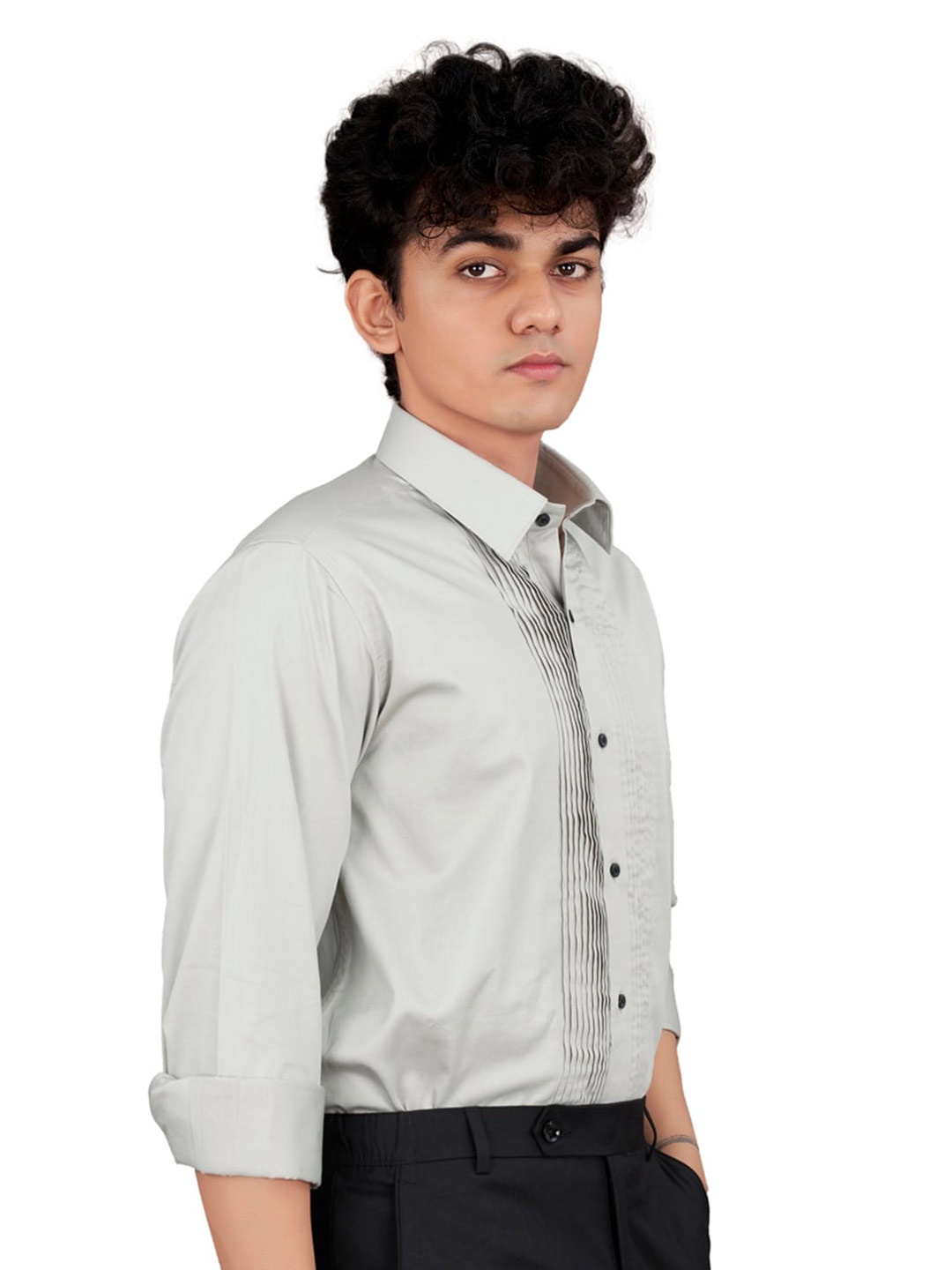 

FRENCH CROWN Standard Fit Spread Collar Pleated Cotton Formal Shirt, Grey