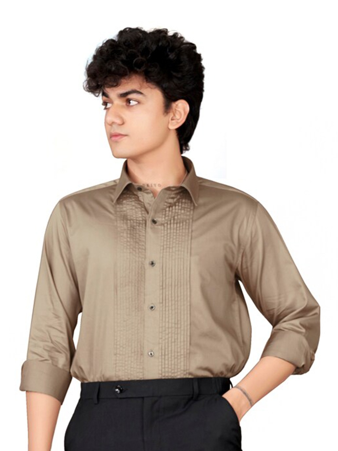 

FRENCH CROWN Standard Fit Spread Collar Cotton Formal Shirt, Brown