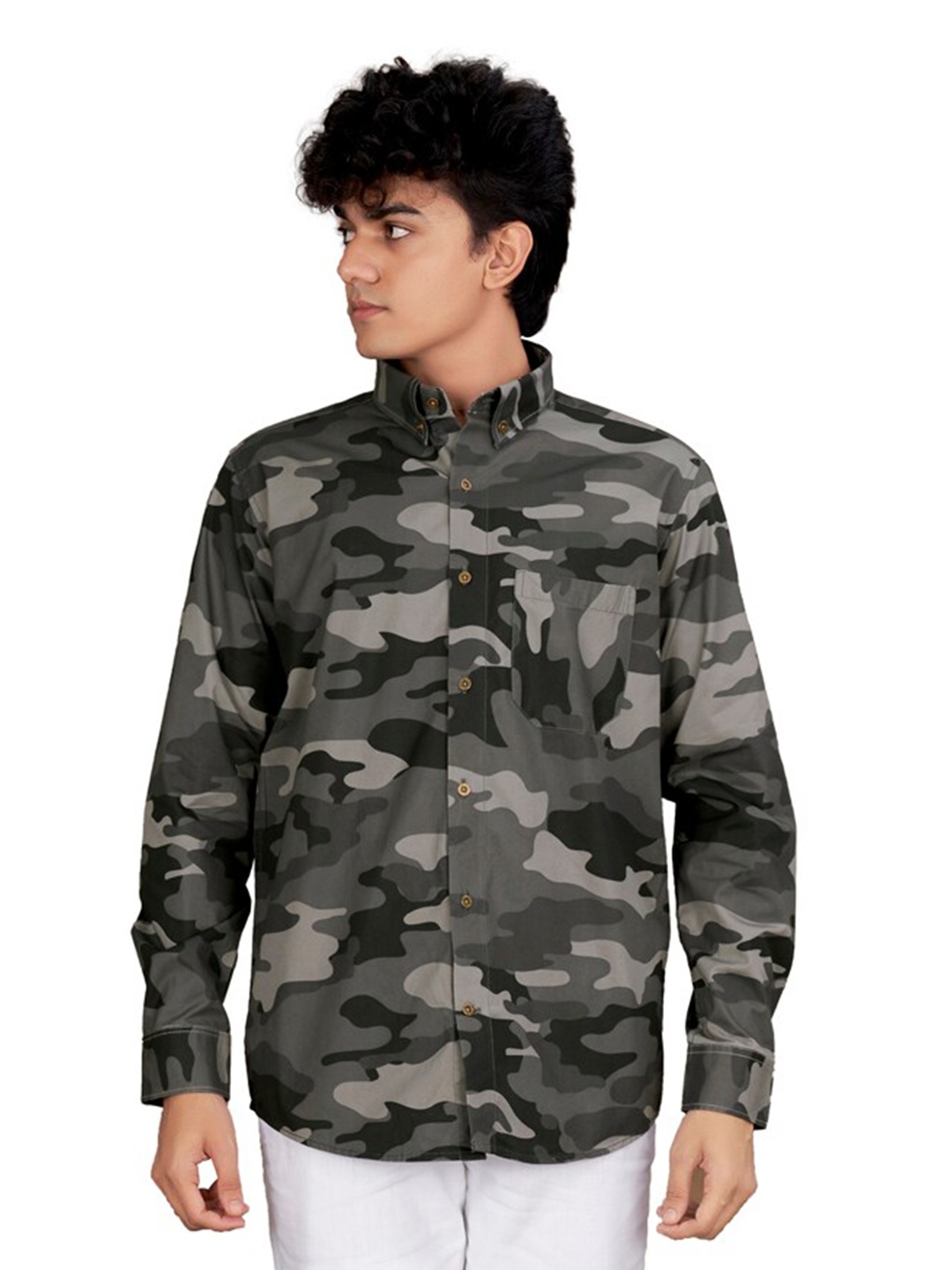 

FRENCH CROWN Standard Fit Camouflage Printed Spread Collar Cotton Shirt, Green
