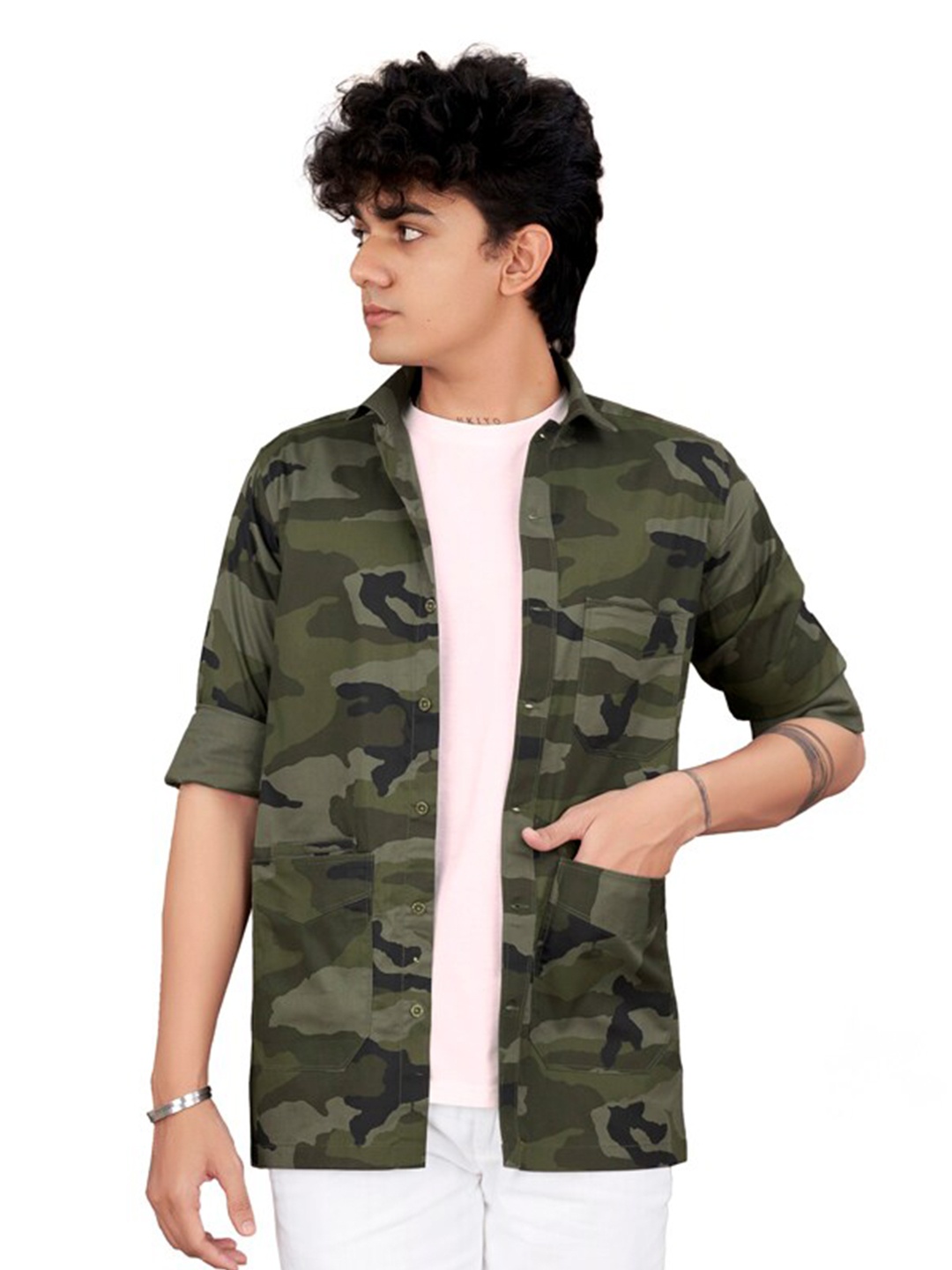 

FRENCH CROWN Standard Fit Camouflage Printed Twill Cotton Casual Shirt, Green