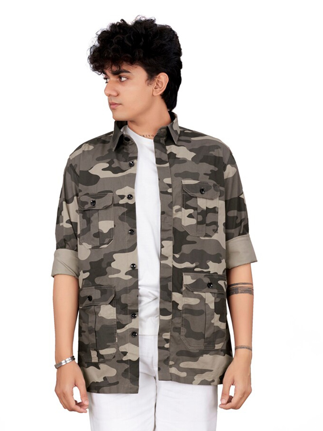 

FRENCH CROWN Standard Fit Camouflage Printed Twill Cotton Casual Shirt, Cream